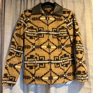 Vintage Wool and Leather Pendleton Geometric Bomber Jacket in Tan and Black